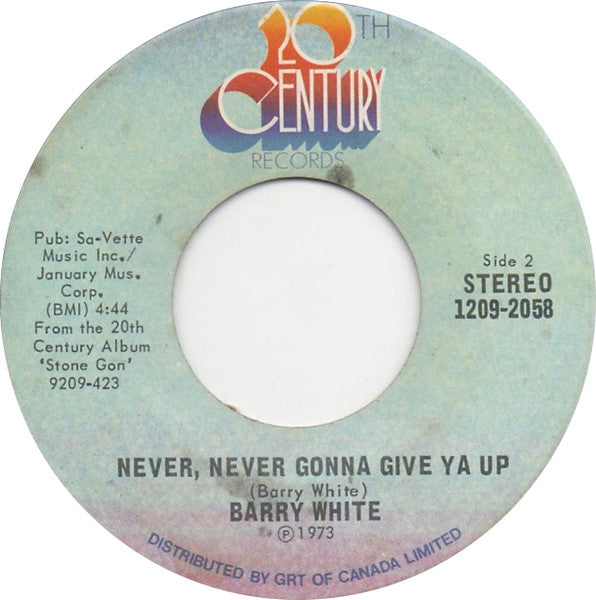 Barry White : Never, Never Gonna Give Ya Up (7", Single)