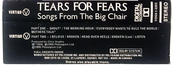 Tears For Fears : Songs From The Big Chair (Cass, Album, 3 S)