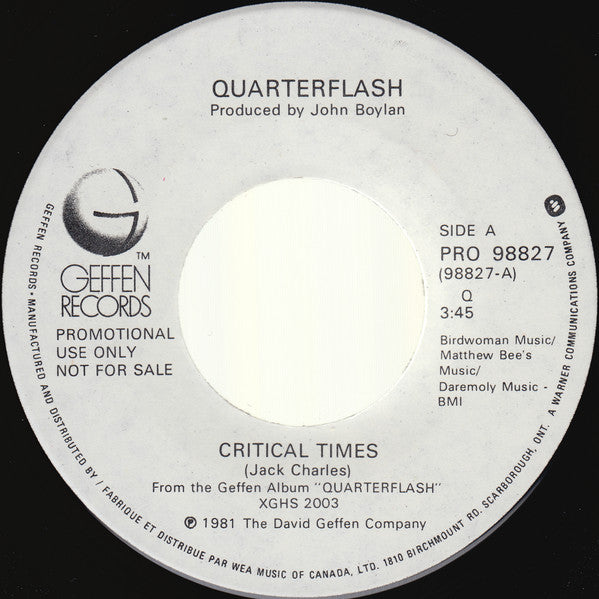 Quarterflash : Critical Times (7", Single, Promo)