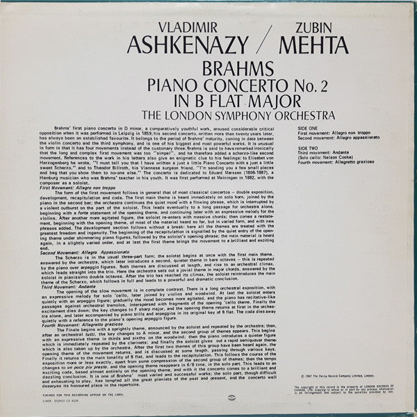 Vladimir Ashkenazy, Zubin Mehta : Brahms; Piano Concero No. 2 In B Flat Major (LP, Album)