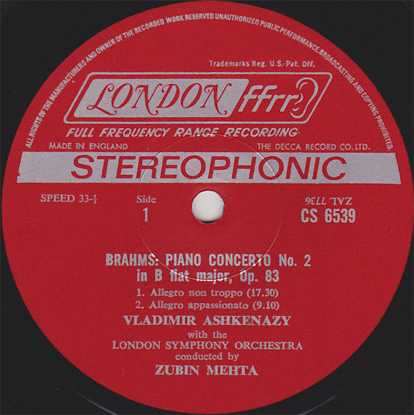 Vladimir Ashkenazy, Zubin Mehta : Brahms; Piano Concero No. 2 In B Flat Major (LP, Album)