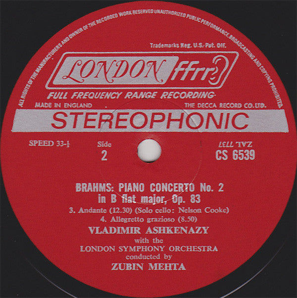 Vladimir Ashkenazy, Zubin Mehta : Brahms; Piano Concero No. 2 In B Flat Major (LP, Album)