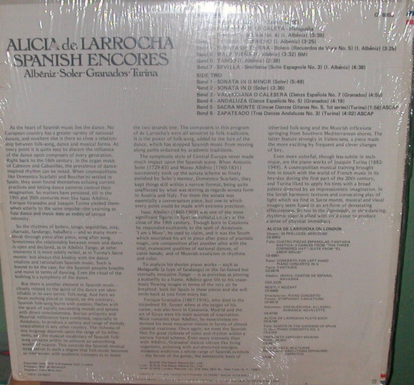 Alicia De Larrocha, Mateo Albéniz, Isaac Albéniz, Padre Antonio Soler, Enrique Granados, Joaquín Turina : Spanish Encores (LP)