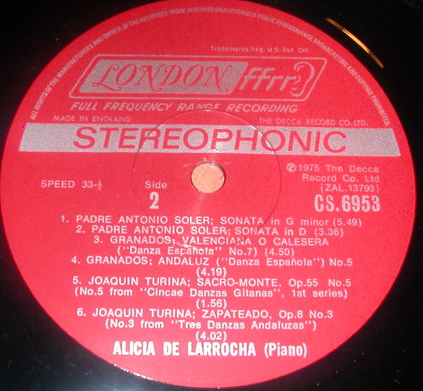 Alicia De Larrocha, Mateo Albéniz, Isaac Albéniz, Padre Antonio Soler, Enrique Granados, Joaquín Turina : Spanish Encores (LP)