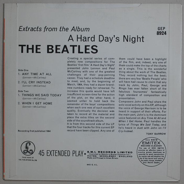 The Beatles : Extracts From The Album A Hard Day's Night (7", EP, RP)