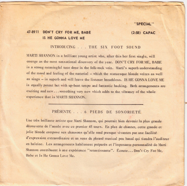 Marti Shannon : Don't Cry For Me / Is He Gonna Love Me (7", Single)