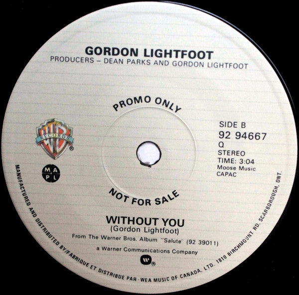 Gordon Lightfoot : Without You (7", Single, Promo)