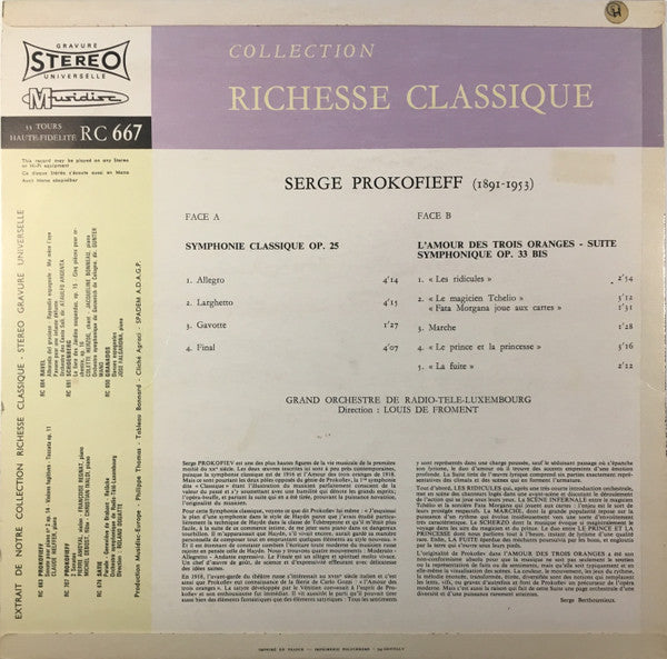 Serge Prokofieff*, Grand Orchestre De Radio-Télé-Luxembourg*, Louis De Froment : L'Amour Des Trois Oranges, Suite Symphonique / Symphonie Classique Op. 25 (LP)