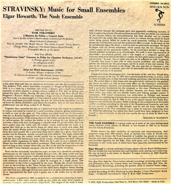 Igor Stravinsky : The Nash Ensemble Conducted By Elgar Howarth : The Soldier's Tale Concert Suite / Dumbarton Oaks Concerto / Octet For Wind (LP, Album)