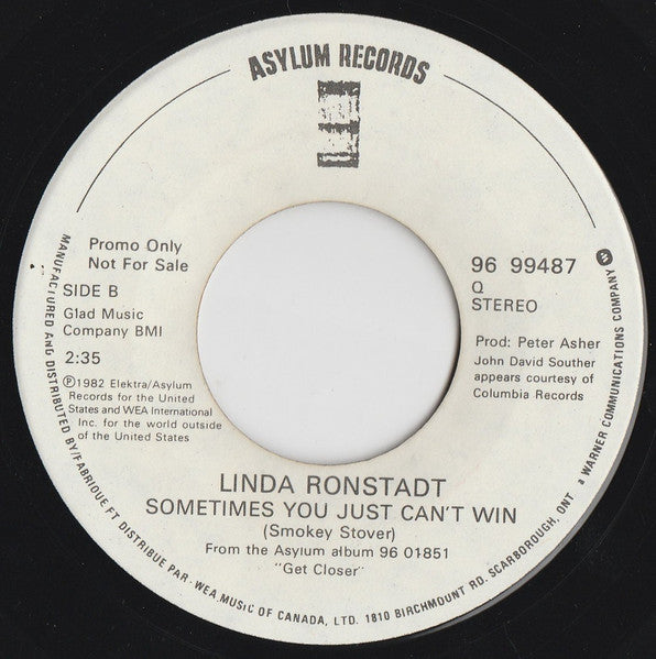 Linda Ronstadt : Get Closer (7", Single, Promo)
