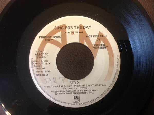 Styx : Sing For The Day (7", Single, Promo, Edi)