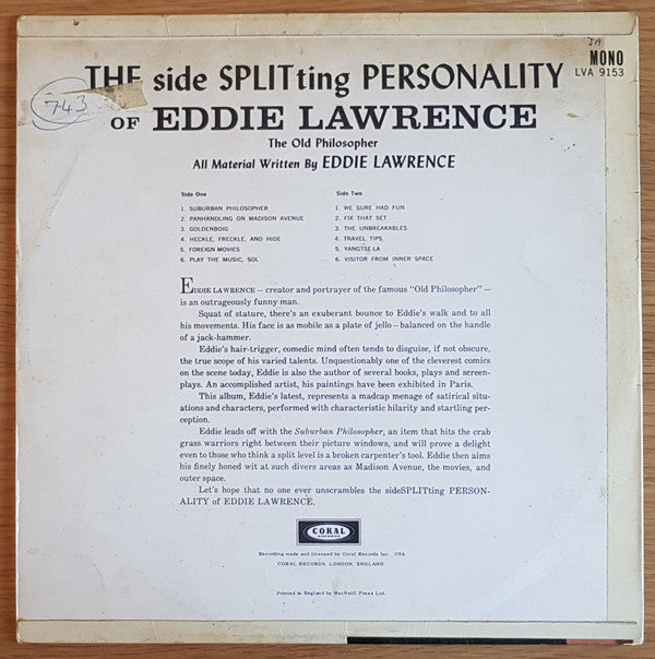 Eddie Lawrence : The Side Splitting Personality Of Eddie Lawrence (LP, Album, Mono)