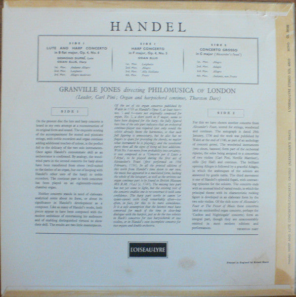 Georg Friedrich Händel - Osian Ellis, Desmond Dupré, Granville Jones, Philomusica Of London : Concerto For Harp And Flute in B Flat, Op.4 No.6 / Concerto For Harp In F, Op.4 No.5 / Concerto Grosso In C (Alexander's Feast) (LP, Mono, RP)