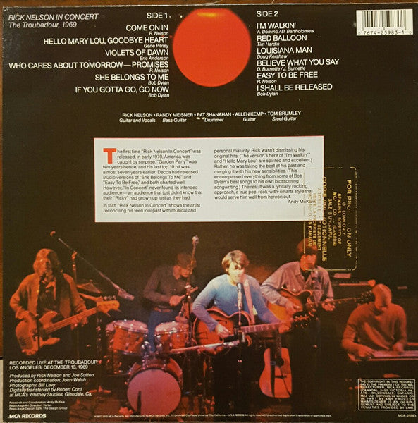 Ricky Nelson (2) : Rick Nelson In Concert (LP, Album, RE)