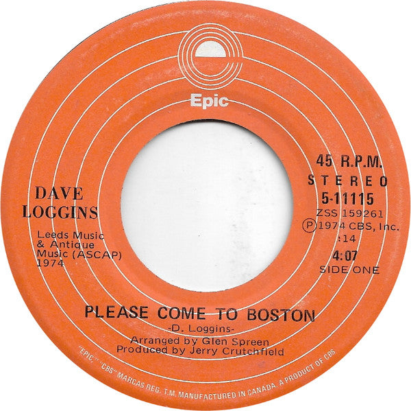 Dave Loggins : Please Come To Boston (7", Single)
