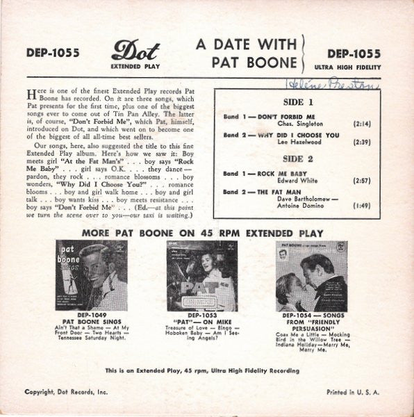 Pat Boone : A Date With Pat Boone (7", EP)