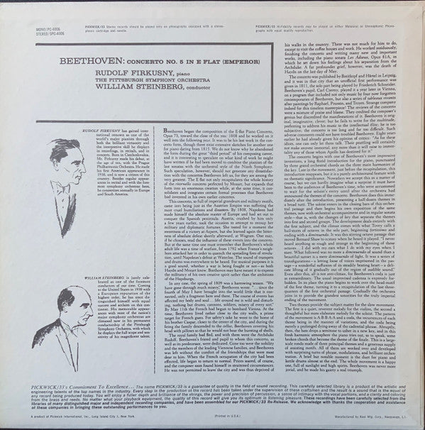 Ludwig van Beethoven, Rudolf Firkušný, Pittsburgh Symphony Orchestra Conducted By William Steinberg : Concerto No. 5 In E Flat Major (LP, Album)
