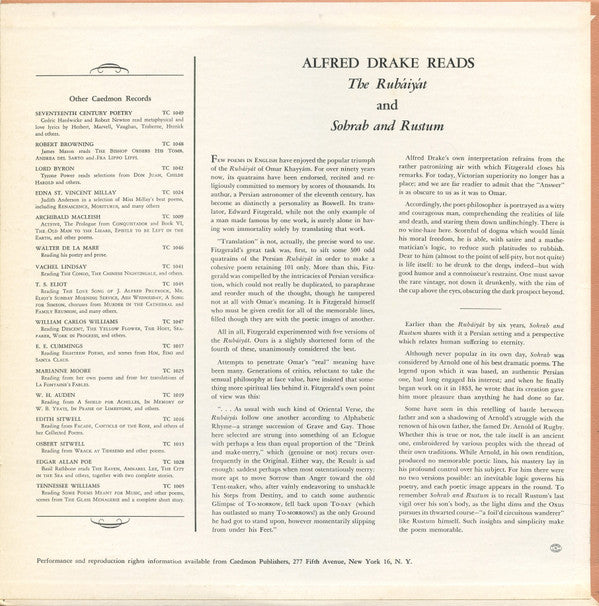 Alfred Drake : The Rubaiyat Of Omar Khayyam & Sohrab And Rustum (LP, Album)