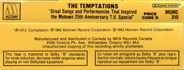 The Temptations : Great Songs And Performances That Inspired The Motown 25th Anniversary T.V. Special (Cass, Comp, Dol)