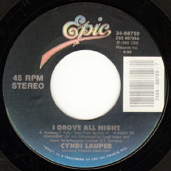 Cyndi Lauper : I Drove All Night (7", Single, Styrene, Car)