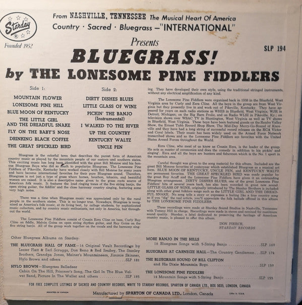 The Lonesome Pine Fiddlers : Bluegrass! (LP, Album)