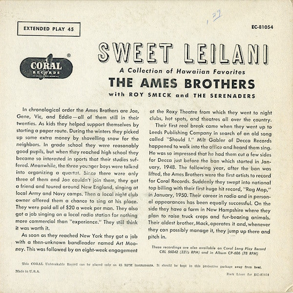 The Ames Brothers With Roy Smeck And His Serenaders : Sweet Leilani Volume 1 (7", EP, Mono)
