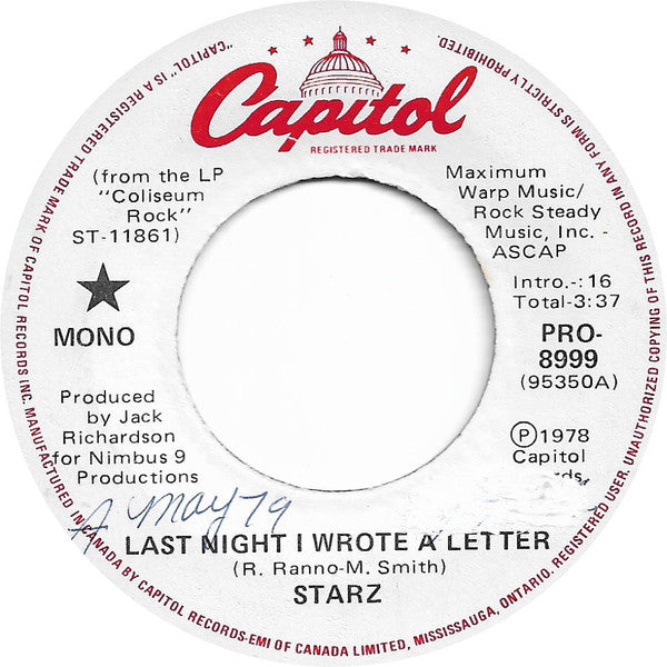 Starz (2) : Last Night I Wrote A Letter (7", Single, Mono, Promo)