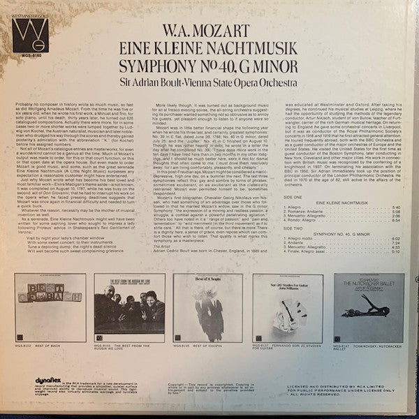 Wolfgang Amadeus Mozart, Sir Adrian Boult Conducts Orchester Der Wiener Staatsoper : Eine Kleine Nachtmusik / Symphony No. 40 in G Minor (LP, Album)