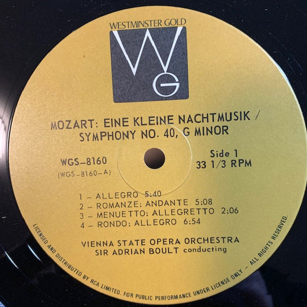 Wolfgang Amadeus Mozart, Sir Adrian Boult Conducts Orchester Der Wiener Staatsoper : Eine Kleine Nachtmusik / Symphony No. 40 in G Minor (LP, Album)