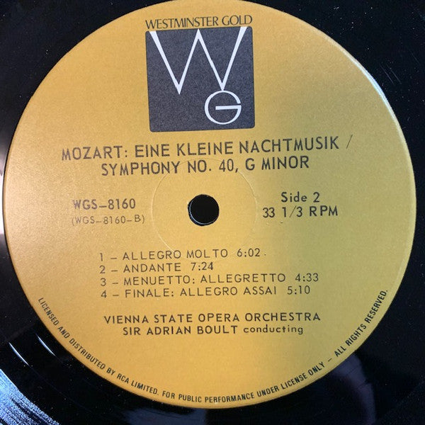 Wolfgang Amadeus Mozart, Sir Adrian Boult Conducts Orchester Der Wiener Staatsoper : Eine Kleine Nachtmusik / Symphony No. 40 in G Minor (LP, Album)