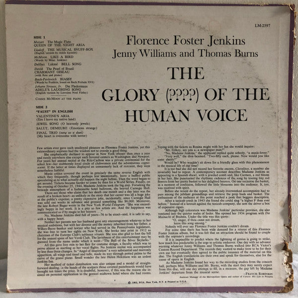 Florence Foster Jenkins / Jenny Williams And Thomas Burns : The Glory (????) Of The Human Voice / A Faust Travesty (LP, Album, RE)
