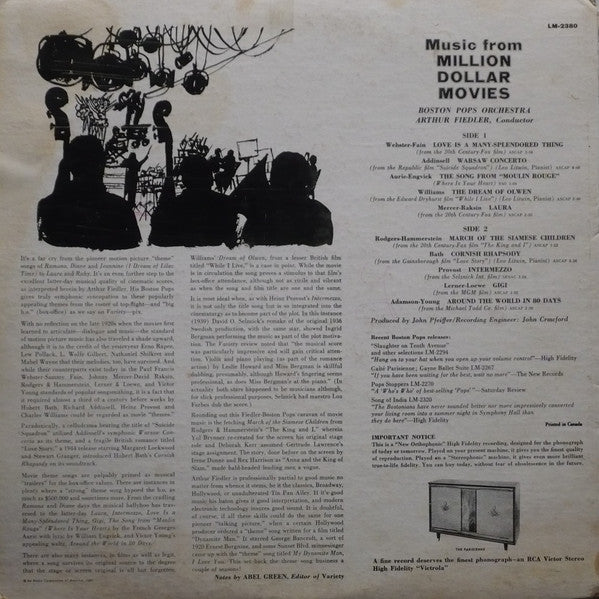 Arthur Fiedler / Boston Pops Orchestra : Music From Million Dollar Movies (LP, Mono)