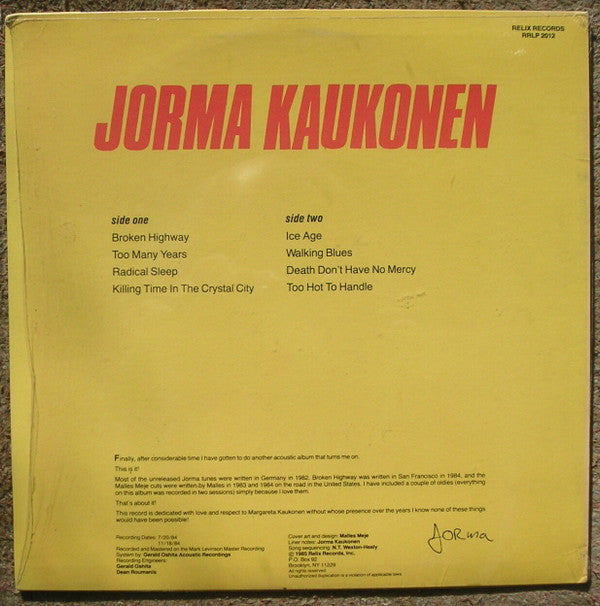 Jorma Kaukonen : Too Hot To Handle (LP, Album)