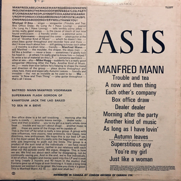 Manfred Mann : As Is (LP, Album, Mono)