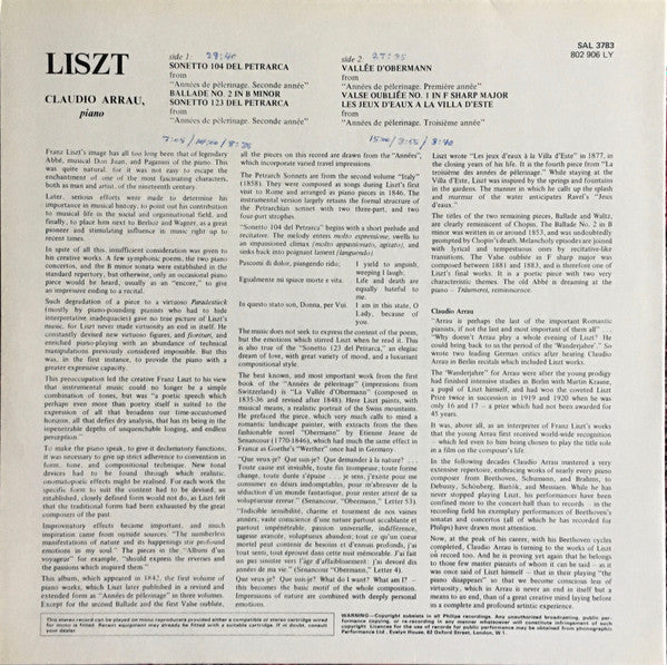 Claudio Arrau, Franz Liszt : Sonetto 104 Del Petrarca / Ballade 2 / Sonetto 123 Del Petrarca / Vallée D'Obermann / Valse Oubliée 1 / Les Jeux D'eaux À La Villa D'este (LP)