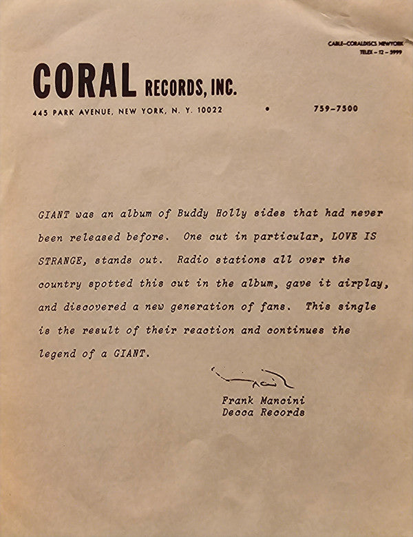 Buddy Holly : Love Is Strange / You're The One (7", Promo)