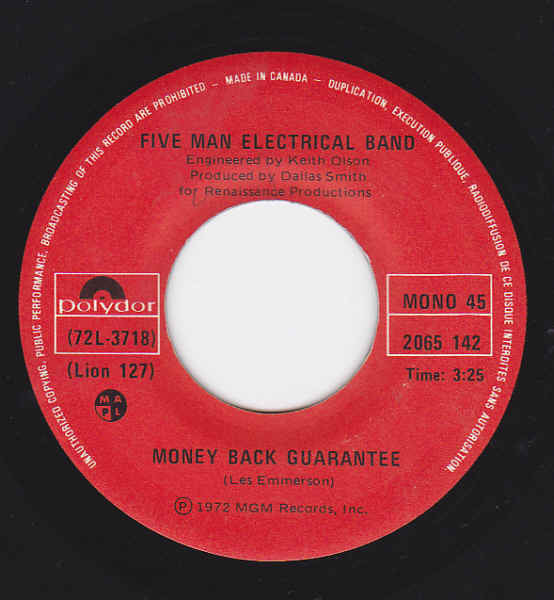 Five Man Electrical Band : Money Back Guarantee (7", Single, Mono)