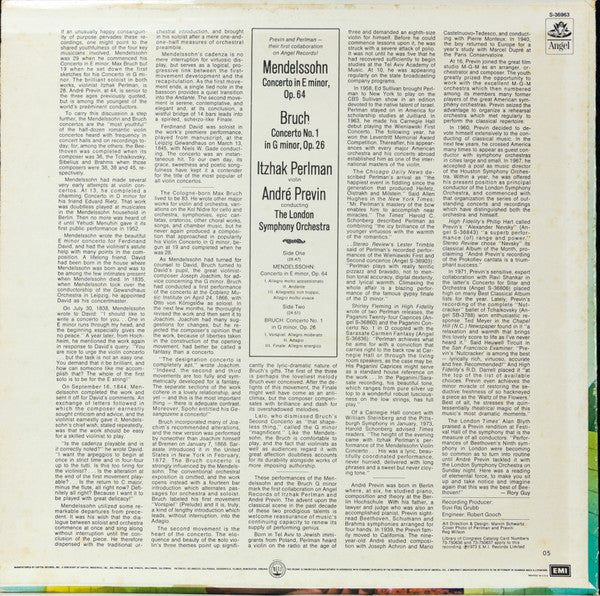 Itzhak Perlman, Felix Mendelssohn-Bartholdy / Max Bruch, André Previn, London Symphony Orchestra : Concerto In E Minor / Concerto No. 1 In G Minor (LP, RP)