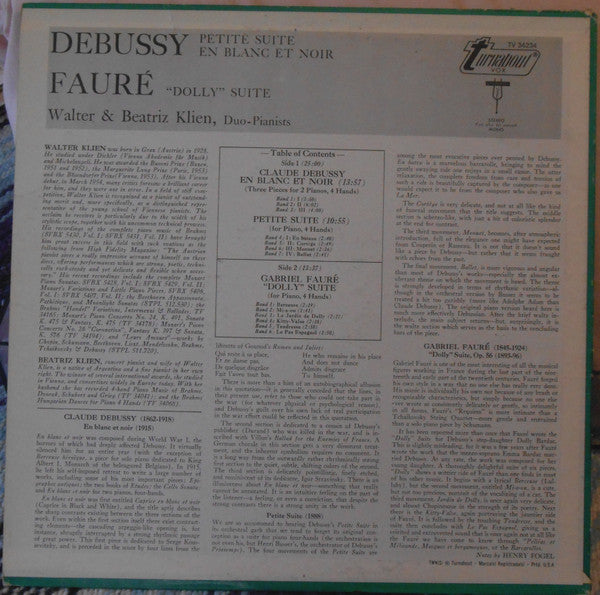 Debussy* / Fauré* - Walter* & Beatriz Klien : Petite Suite / En Blanc Et Noir / "Dolly" Suite (LP)