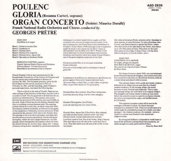 Francis Poulenc / Orchestre National De France And Chœur de Radio France Conducted By Georges Prêtre : Gloria / Organ Concerto (LP, RE, RP)