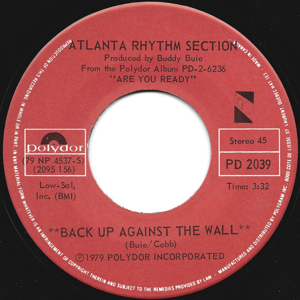 Atlanta Rhythm Section : Back Up Against The Wall / Large Time (7", Single)