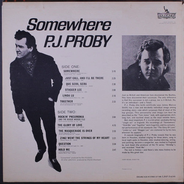 P.J. Proby : Somewhere (LP, Album, Mono)