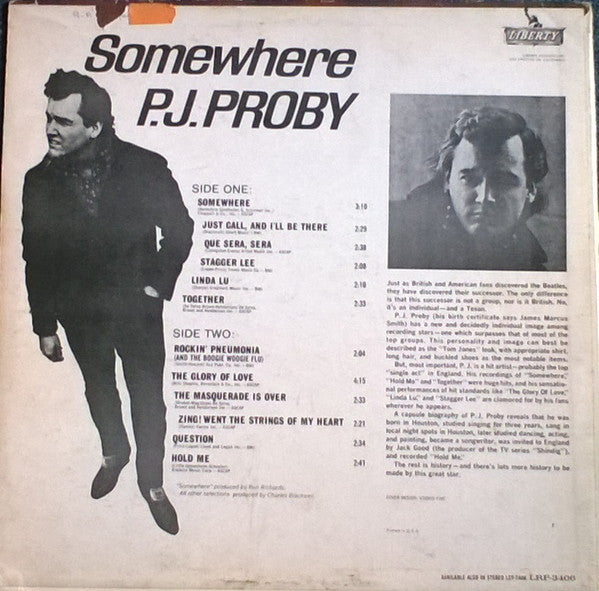 P.J. Proby : Somewhere (LP, Album, Mono)