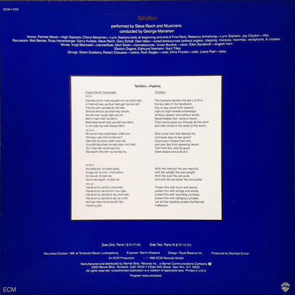 Steve Reich : Tehillim (LP, Album)