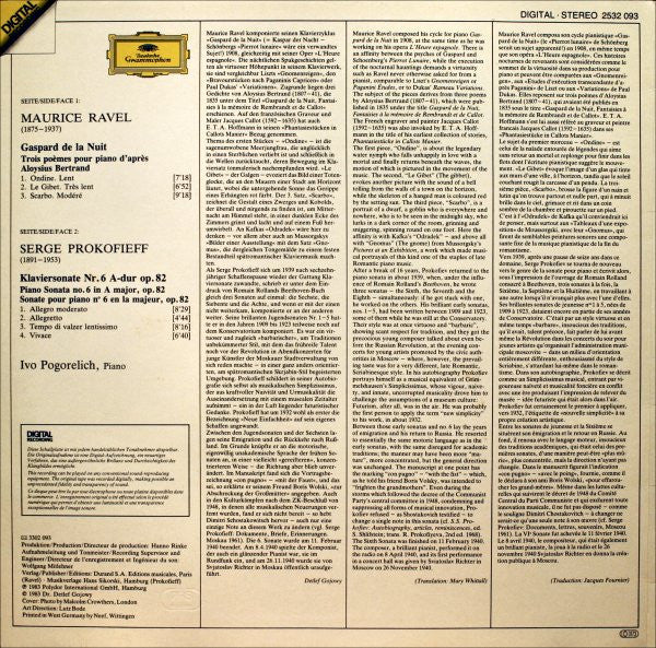 Maurice Ravel / Sergei Prokofiev, Ivo Pogorelich : Gaspard De La Nuit / Piano Sonata = Klaviersonate No. 6 (LP)