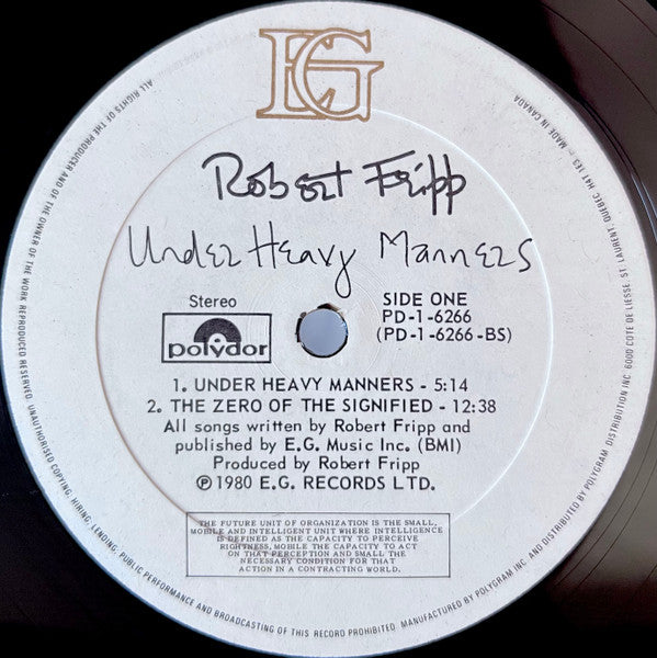 Robert Fripp : God Save The Queen / Under Heavy Manners (LP, Album)