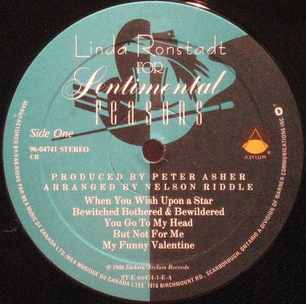 Linda Ronstadt With Nelson Riddle And His Orchestra : For Sentimental Reasons (LP, Album)