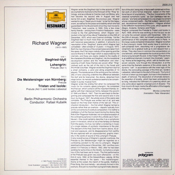 Richard Wagner / Berliner Philharmoniker, Rafael Kubelik : Preludes: Lohengrin / Meistersinger / Tristan Und Isolde / Siegfried-Idyll / Liebestod (LP, RE)