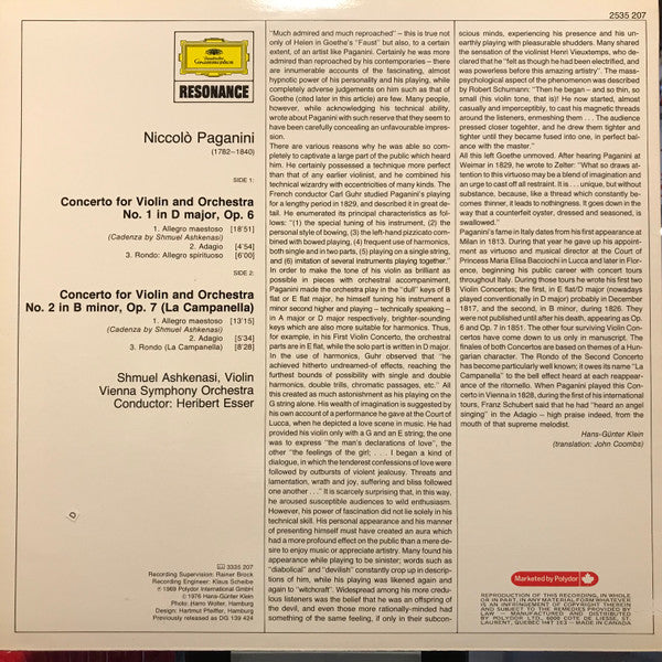 Niccolò Paganini / Shmuel Ashkenasi : Violin Concertos No.1 & No.2 "La Campanella" (LP)
