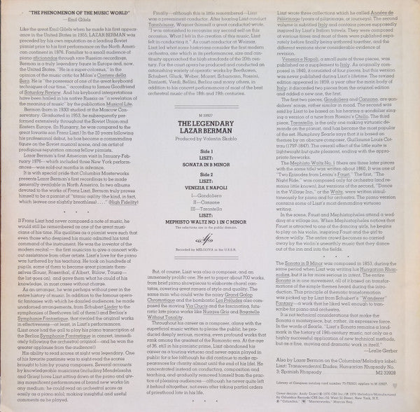 Liszt* - Lazar Berman : The Legendary Lazar Berman Plays Liszt (LP)